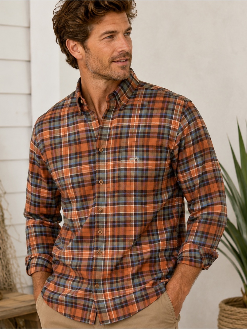 Coastal Cotton Mens L Plaid Button Down Shirt Orange Blue Stretch Cotton Fish